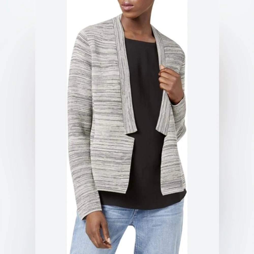 Eileen Fisher Notch Collar Cardigan Maple Oat‎ Open Front Grey Classic Work - Picture 7 of 12